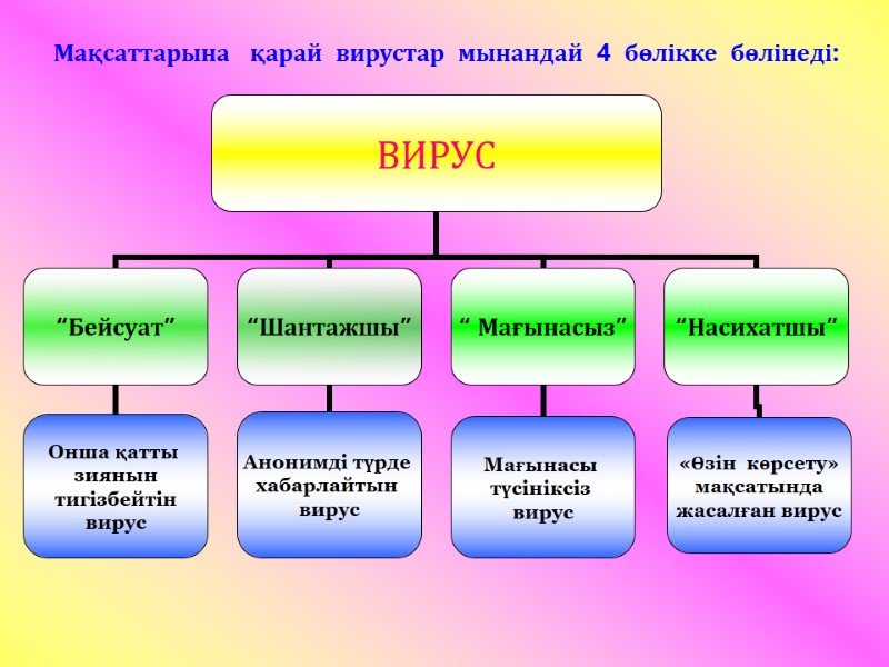 Мақсаттарына   қарай  вирустар  мынандай  4  бөлікке  бөлінеді: